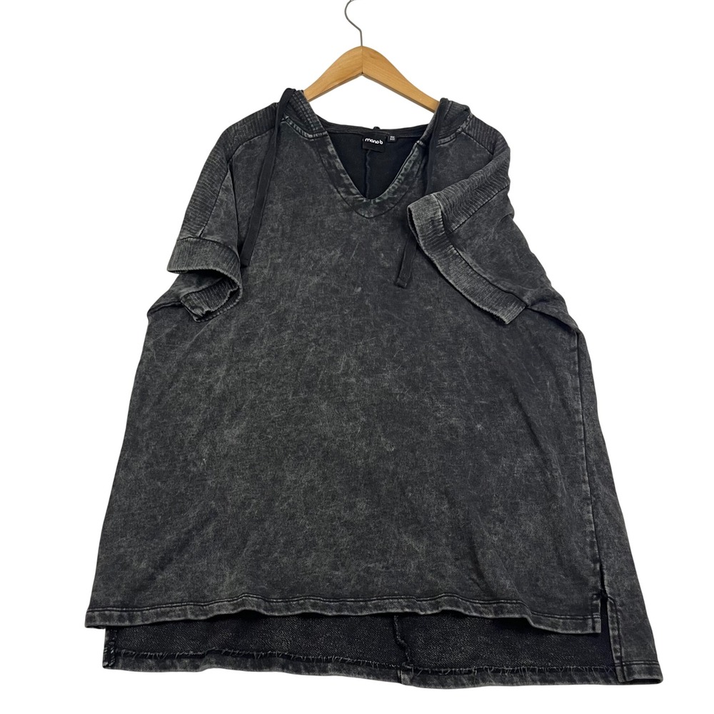 Mono B Mineral Wash Oversized Short Sleeve Hoodie Black One Size OS V-Neck